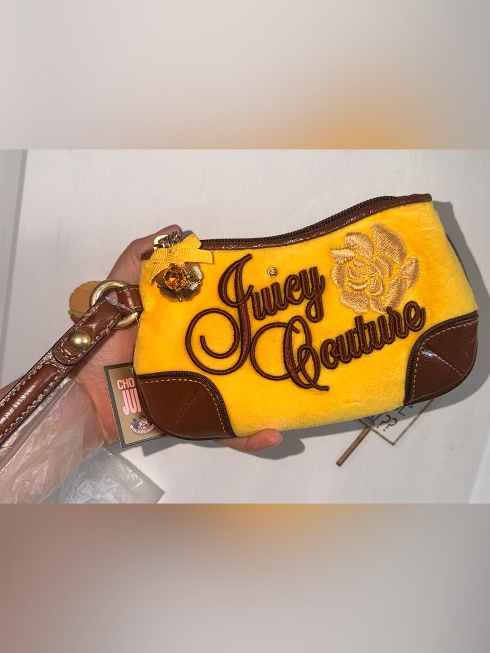 Juicy Couture Yellow Velvet Wristlet with Brown Trim and Gem Accent